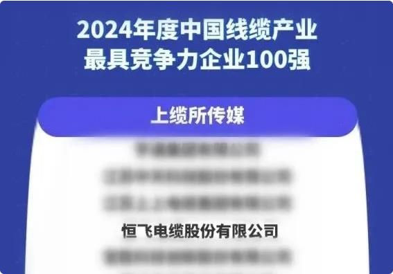 恒飞电缆强势上榜！再获线缆产业百强企业荣誉