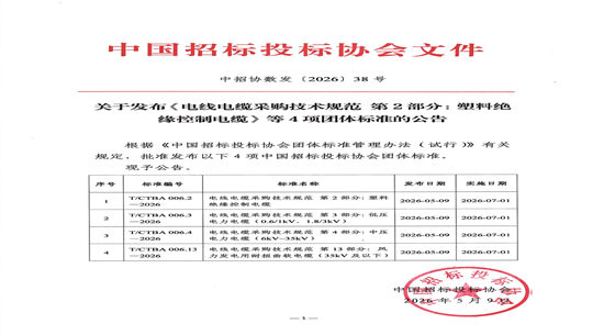 中招协《电线电缆采购技术规范 第2部分：塑料绝缘控制电缆》等4项团体标准发布