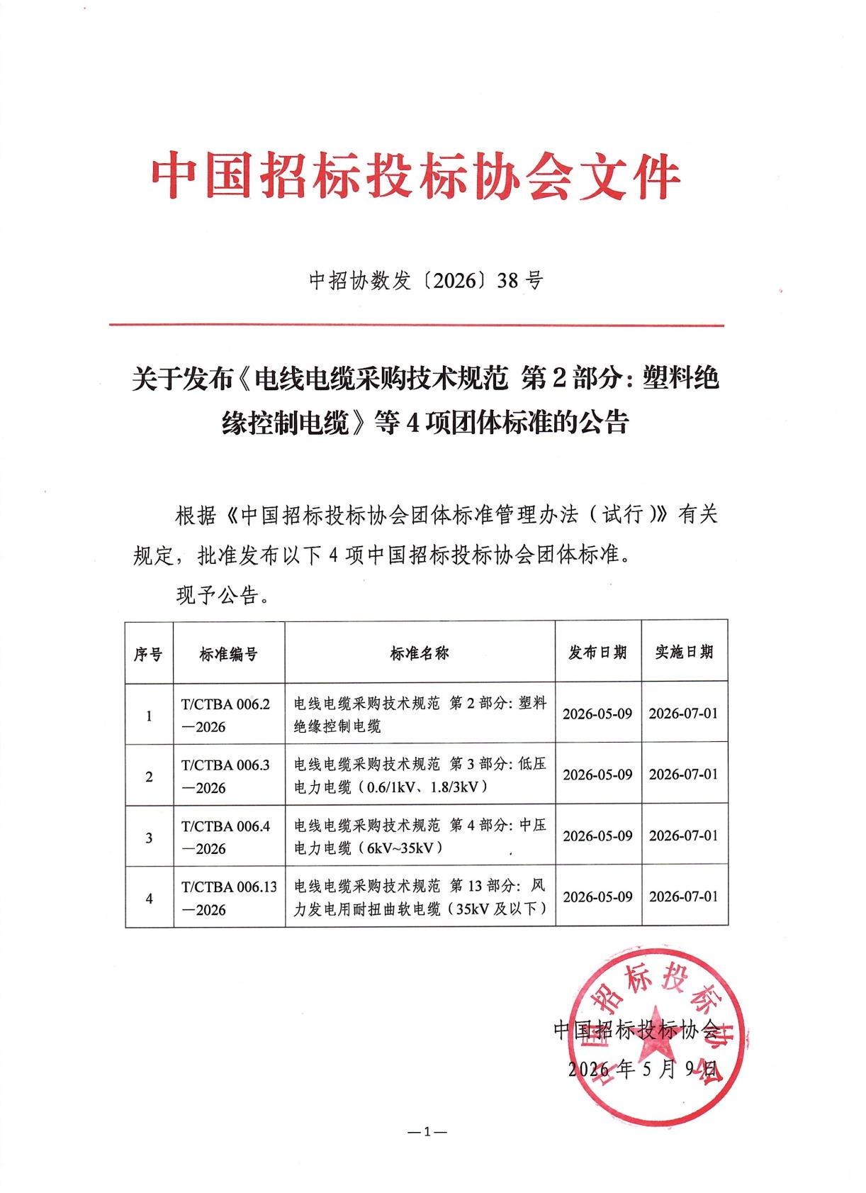 中招协《电线电缆采购技术规范 第2部分：塑料绝缘控制电缆》等4项团体标准发布